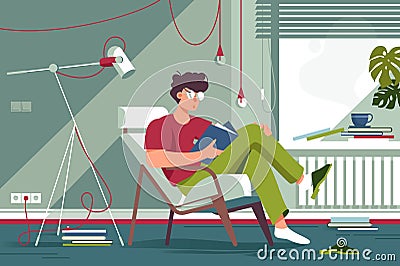 Flat man with glasses and home clothes reading book and sitting in chair. Cartoon Illustration