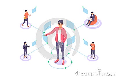 Flat man with remote employee communication and modern interface. Vector Illustration