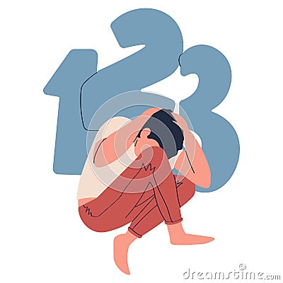 Flat man sitting holding his head, afraid of problems at work with counting, accounting isolated on white vector Vector Illustration