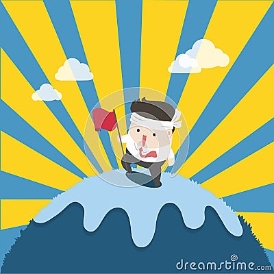 Flat man of success on top mountain. Vector Illustration