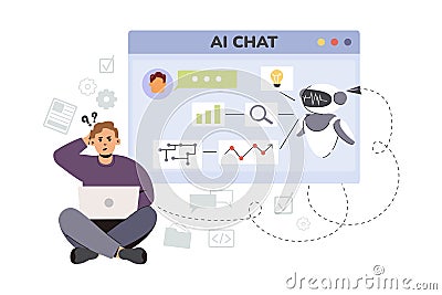 Flat man using Ai technology for help answer questions Vector Illustration