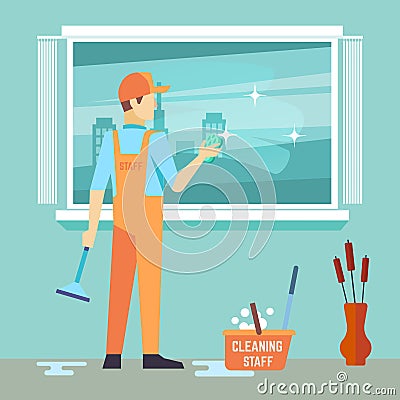 Flat man washes window - cleaning man vector character Vector Illustration