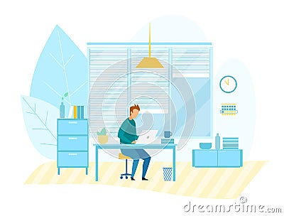 Man Working on Computer in Modern Tech Office Vector Illustration