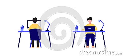 Business man working with his laptop, front view and rear view, vector illustration. Vector Illustration