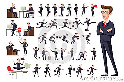 Flat Manager office workplace. Male businessman in dark suit and red tie at work in various poses on white background vec Vector Illustration