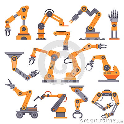 Flat manufacture robotic arm. Automatic robot arms, auto factory conveyor industrial equipment. Electronics robots hands Vector Illustration