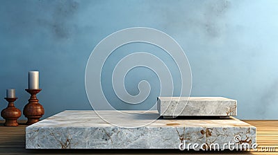 Flat marble podium in front of blue plastered wall for product presentations Stock Photo