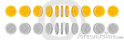 Rotating coins set for animation. Gold and silver coins collection at different angles for rotation effect. Vector Vector Illustration