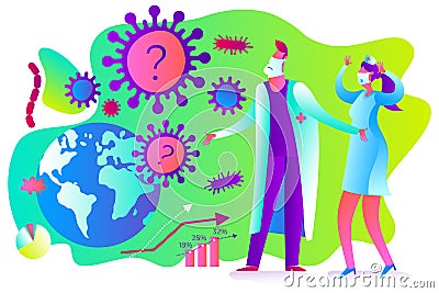 Flat medical illustration on the theme of the epidemic: a doctor and a nurse look at the virus attacking the Earth and helplessly Cartoon Illustration