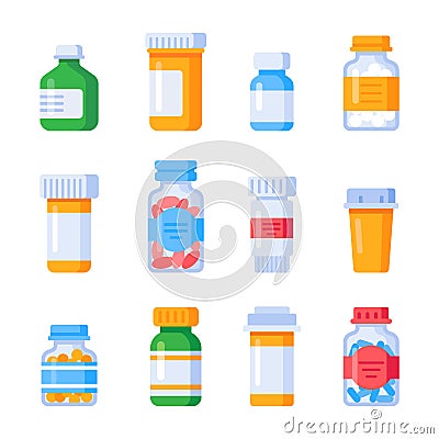 Flat medicine bottles. Vitamin bottle with prescription label, drug pills container or vitamins and minerals pill Vector Illustration