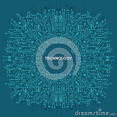 Flat Microelectronics Circuits technology with blue background. Vector Illustration