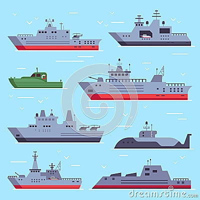 Flat military boats. Navy battle ships, sea combat security boat and battleship weapon. Naval warship vector collection Vector Illustration