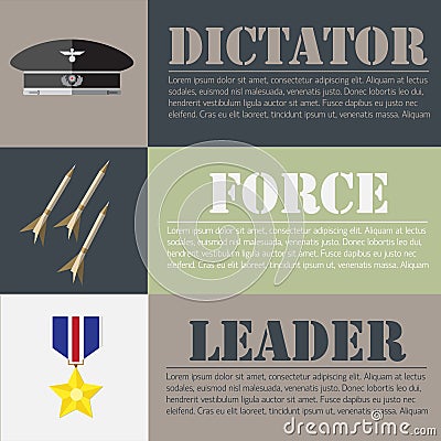 Flat military dictator set design concept. Vector illustration infographic Cartoon Illustration