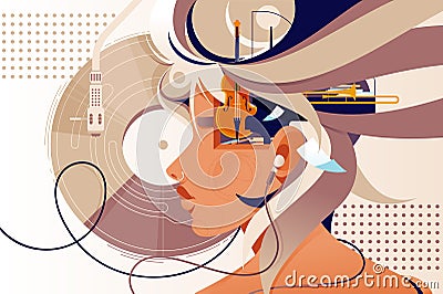 Flat mind vision with music instrument and modern device. Cartoon Illustration