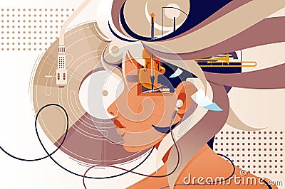 Flat mind vision with music instrument and modern device. Vector Illustration