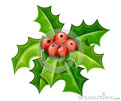 Flat mistletoe decorative. Red berries and green leaves. Christmas ornament. Vector illustration isolated on white background Cartoon Illustration