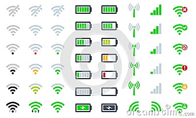 Flat Mobile phone system icons WiFi signal strength, battery charge level and symbol sign remote access and Vector Illustration