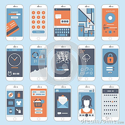 Flat mobile touch screen phones interface windows vector Vector Illustration
