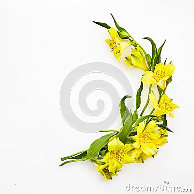Flat mockup with yellow flowers round frame on white background. Summer background. Flatlay, top view. Stock Photo