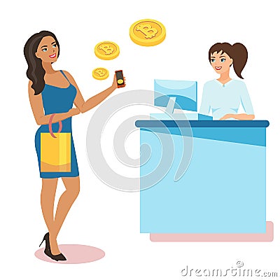 Flat modern design concept of cryptocurrency technology, bitcoin exchange, mobile banking. The girl holds a smartphone Vector Illustration