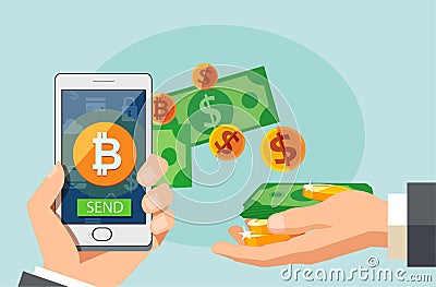 Flat modern design concept of cryptocurrency technology, bitcoin exchange, mobile banking. Hand holding smartphone with bitcoin an Vector Illustration