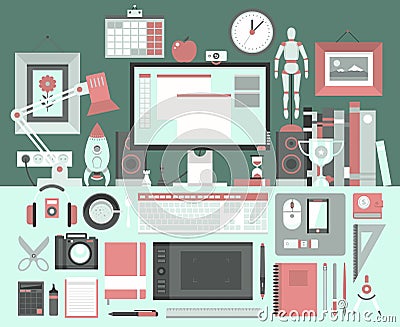 Flat modern design illustration concept of creative office workspace. Cartoon Illustration