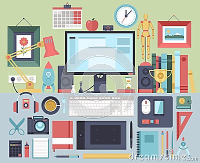 Flat modern design illustration concept of creative office workspace.. Cartoon Illustration