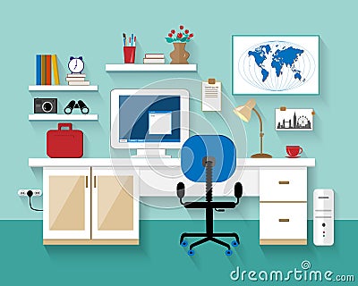 Flat modern design vector illustration of workplace in room. ?reative office room interior. Minimalistic style. Flat design with l Vector Illustration