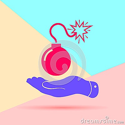 flat modern minimal red bomb with hand icon with shadow on blue Stock Photo