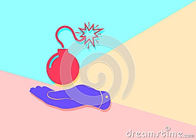 flat modern minimal red bomb with hand icon with shadow on blue Stock Photo