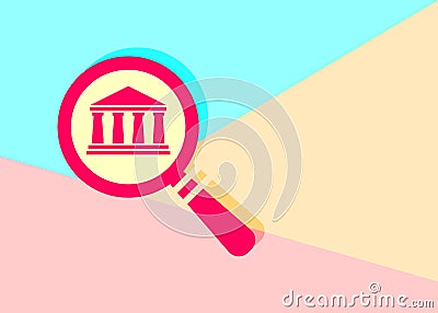 flat modern trand magnifying glass with bank icon on blue and pi Vector Illustration