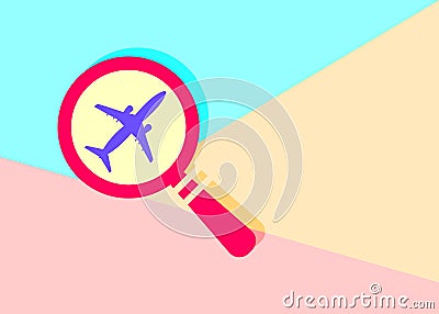 flat modern trand magnifying glass with search airplane pictogram on blue and pink pastel colored background Vector Illustration