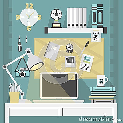 Flat, modern, and trendy teal working place Vector Illustration