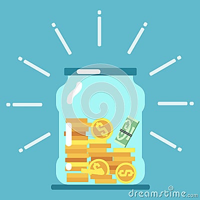 Flat money glass jar illustration. Saving money concept Vector Illustration