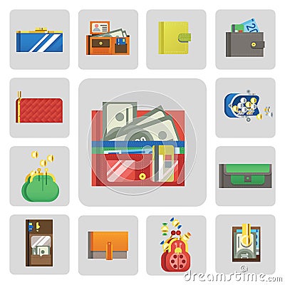 Flat money wallet icon check list making purchase cash business currency finance payment and purse savings bank commerce Vector Illustration