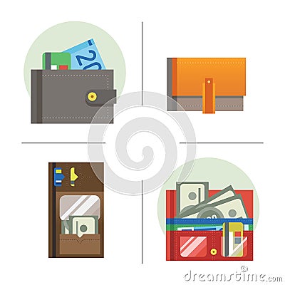 Flat money wallet icon check list making purchase cash business currency finance payment and purse savings bank commerce Vector Illustration