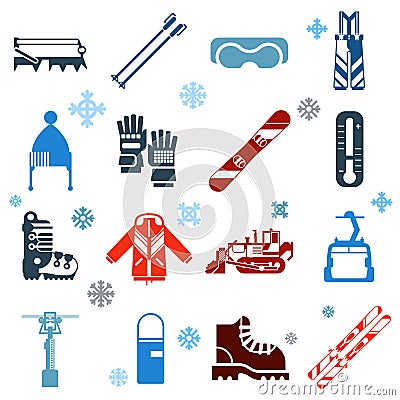 Flat Monochrome Skiing Icons With Snowflakes Vector Illustration