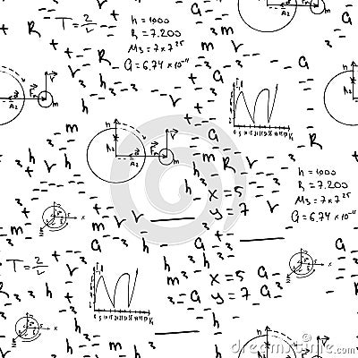 Flat monochrome vector seamless mathematical motif pattern. Cute doodle with algebraic expressions and symbols. Vector Illustration