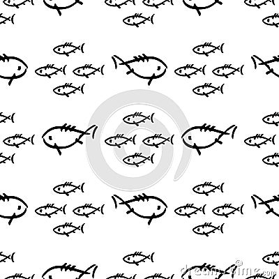 Flat monochrome vector seamless sea fish sketch pattern. Fabric textile summer pattern. Cute doodle pattern with Vector Illustration