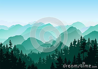 Flat mountain landscape. Mountains and forest. Tourism and travelling. Vector Illustration