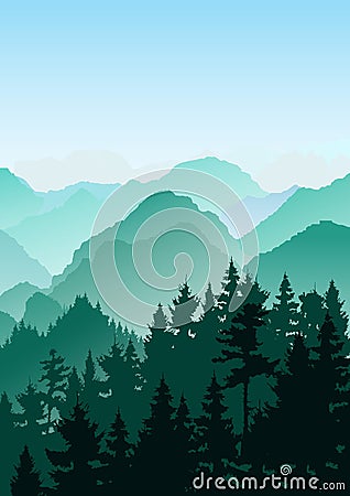 Flat mountain landscape. Mountains and forest. Tourism and travelling. Vector Illustration