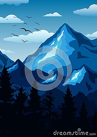 Flat mountain landscape. Mountains and forest. Tourism and travelling. Vector Illustration