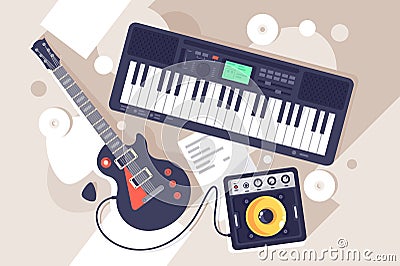 Flat music equipment with electrric guitar, synthesizer. Vector Illustration