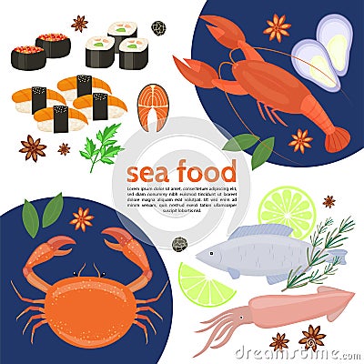 Flat Natural Sea Food Template Vector Illustration