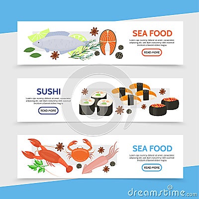 Flat Natural Seafood Horizontal Banners Vector Illustration