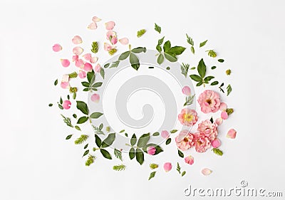 Flat nature floral round frame on white background, top view. Stock Photo
