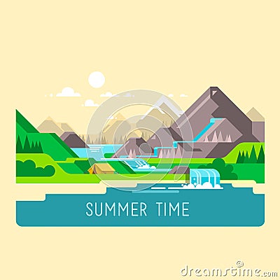 Flat nature landscape illustration with sun, mountains and clouds. Camping in the mountains. Vector Illustration