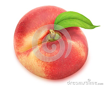 Flat nectarine with leaf. Full depth of field. Stock Photo