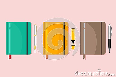 Flat notebook set with pens Vector Illustration