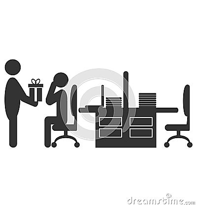 Flat office icon with giving gift worker isolated on white Vector Illustration